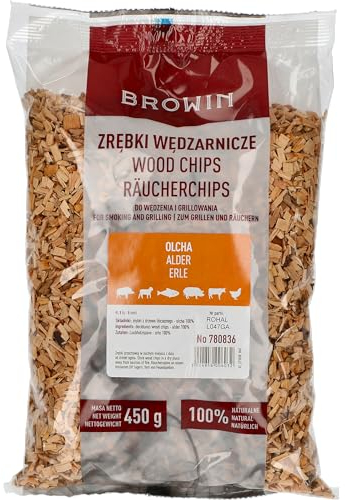 Browin® Virutas de ahumado de aliso, 450 g, madera ahumada, 6-8 mm, para carne y pescado, virutas de ahumar y asar a la parrilla, chips para ahumador, parrilla de gas y barbacoa