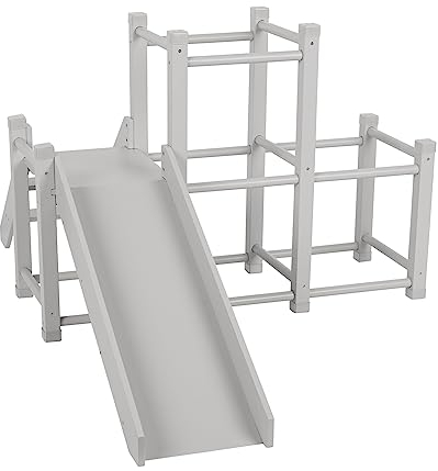 KiddyMoon Klettergerüst Indoor Holz Spielplatz Mit Rutsche Kletterdreieck Für Kinder Kletterturm Mit Climber Für Kinderzimmer Montessori, Anti-Rutsch Pads, Stabile Konstruktion, Grau