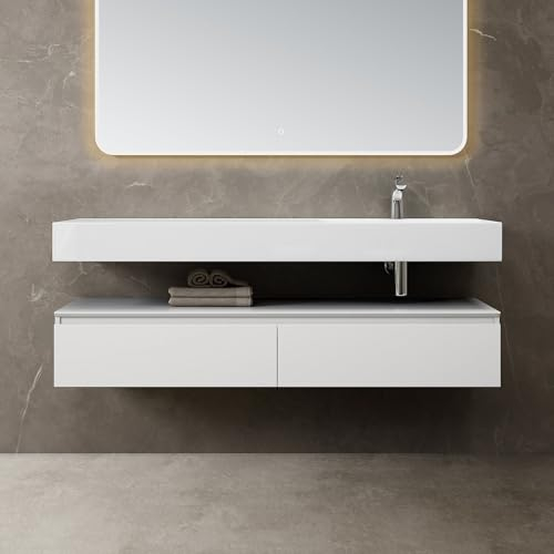 doporro Waschtisch mit Unterschrank Badmöbel-Set Design Waschplatz 150x48x25cm Badzimmerschrank Up inkl. Minralguss-Waschbecken Weiß matt Wandmontage