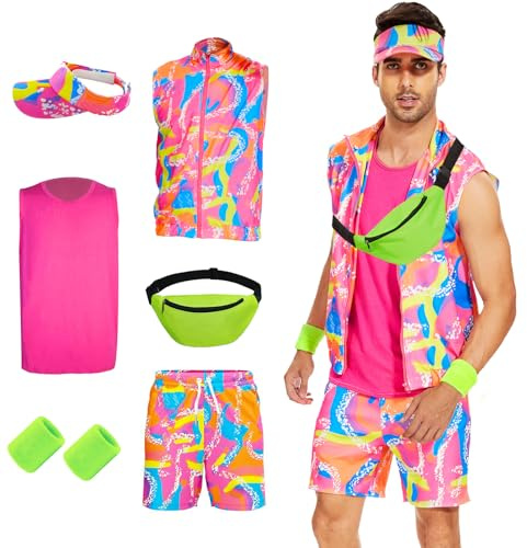 KDFJIEelf 80s Workout Costume for Men, Halloween Cosplay Couples Suit Outfits, 80s 90s Men Workout Costume Outfit Set (Pink, XX-Large)
