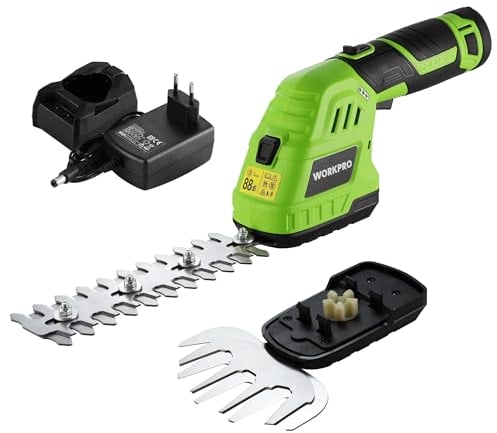 WORKPRO Tagliasiepi a Batteria 12V Verde, 2-in-1 Forbici a Batteria con 2 lame, batteria da 2Ah e caricabatterie, tagliaerba elettrico Per diserbare, potare gli alberi, tagliare l'erba
