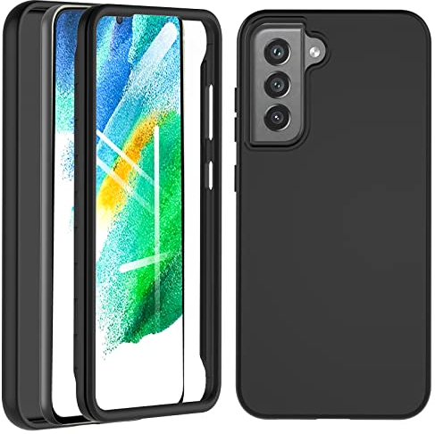 Für Samsung Galaxy S21 FE Hülle, S21 FE 5G Hülle, Handyhülle Samsung S21 FE, Stoßfest Case 360 Grad Rundumschutz Schutzhülle Liquid Silikon Bumper Outdoor Cover Mit Eingebautem Displayschutz, Schwarz