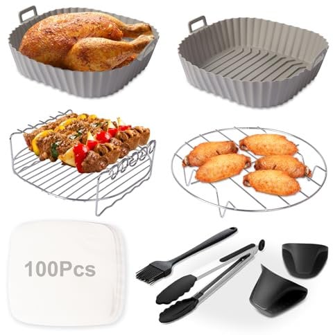 Square Air Fryer Accessories 9PCS Fit for Cosori 5.8 QT 6QT and Larger Instant Vortex Plus Gourmia Cuisinart Gowise Air Fryers, Including 2PCS 8.5in Silicone Air Fryer Liners, Skewer Stand, Air Fryer