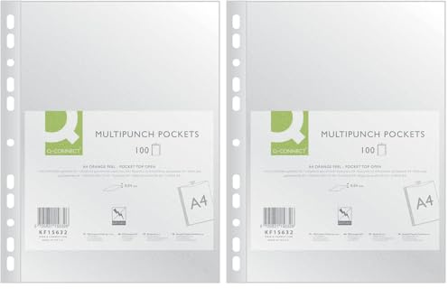 Q-Connect KF15632 Prospekthülle/Klarsichthüllen Genarbt A4-100 Stück/Genarbt Oben Offen Klarsichthüllen Sicht-Hüllen Gelochte Plastikhülle/Transparent 40 mikron (Packung mit 2)