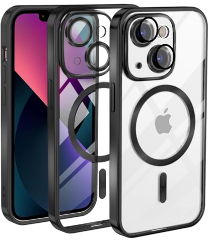 Cover Magnetica per iPhone 13, Custodia Compatibile con MagSafe, Protezione Antiurto di Livello Militare Telefono Silicone [Copertura della fotocamera], Nero Trasparente