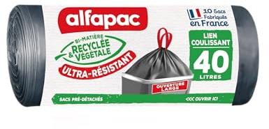Alfapac- 10 bolsas de basura de 40 L con enlace deslizante ultrarresistente, apertura ancha, fabricada en Francia, bi-material reciclado y vegetal