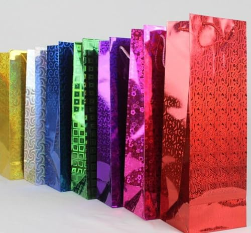 THP DEALS 12 X Assorted Wine Bottle Gift Bags | Holographic Party Carrier Gift Bags | Rope Holder for Christmas Gifts, Xmas Wrap, Wedding, Anniversary and Birthday
