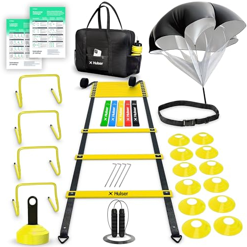 Hulser Fußball Trainingszubehör 26-teilig - Mit Koordinationsleiter 6 m, Hürden, Markierungshütchen, Springseil, Widerstandsfallschirmund und Widerstandsband-Set - Bewegungsgeschwindigkeit (Gelb)