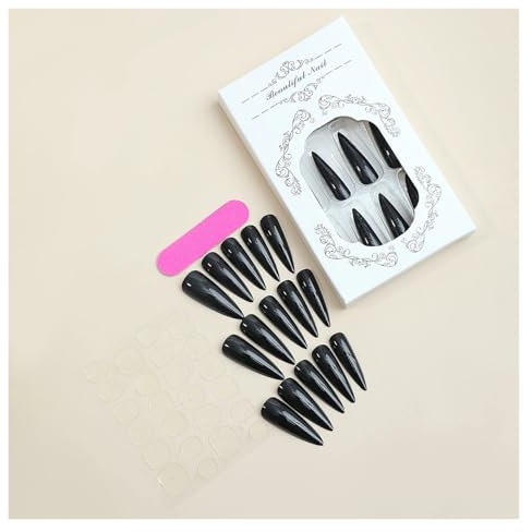GSCLZ Press On Nails 24pcs Glossy Black Fake Nails Set Press On Nail Tips Solid Color Long Stiletto Removable Artificial Nails Decoration Nail Art False Nails(Style1)