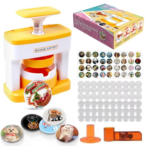 Lotvic Kit de fabricación de insignias para niños, máquina para hacer insignias de 55 mm con 48 piezas de botón, bonitas calcomanías, cortador de círculos, máquina para hacer botones para niños