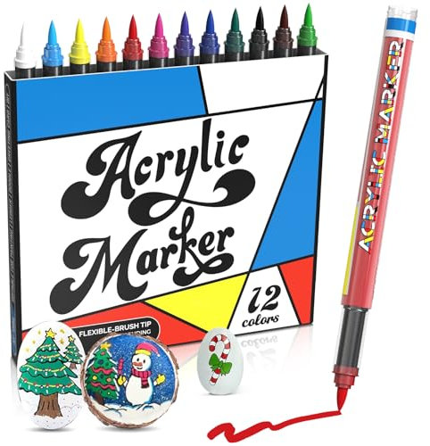 Nesayerk Acrylstiften voor Stenen Waterdicht, 12 Stuks Acrylverfstiften Steenschilderstiften met Penseelpunt voor Keramiek, Glas, Kunststof, Hout, Karton, Leer, Metaal, Papier, Porselein