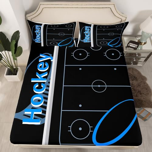 Loussiesd Ice Sports Games Spannbetttuch Eishockey Spannbettlaken 90x200cm Für Kinder Jungen Mädchen Dekor Hockey Spieler Bettlaken Set Mikrofaser Puck Hockey Spannbetttuch Schlafzimmer