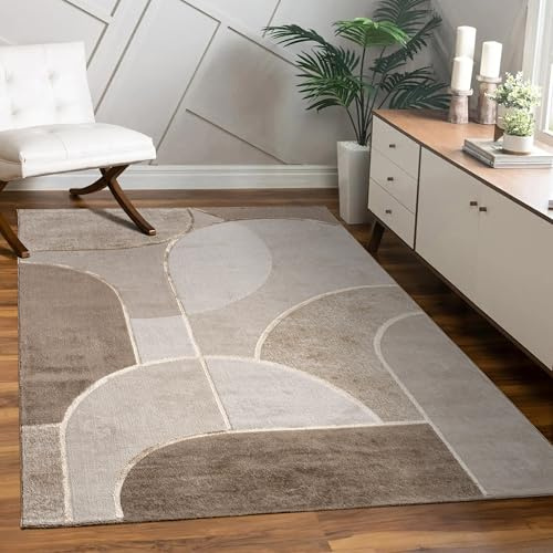 Paco Home Teppich Wohnzimmer Schlafzimmer Kurzflor Geometrisches Muster Bogen Abstraktes Design 3D Optik Moderne Deko Beige Creme, Grösse:200x290 cm