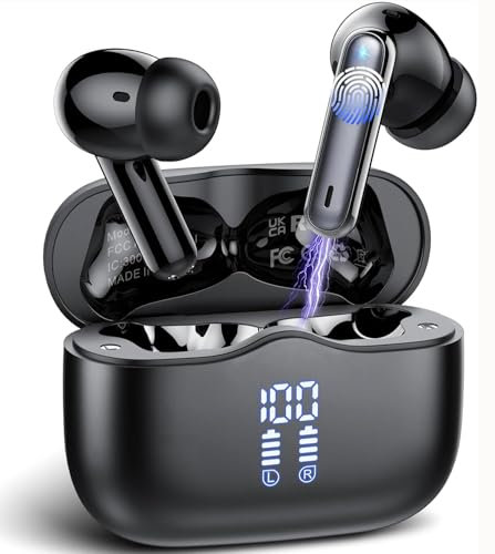 Auriculares Inalámbricos Bluetooth, Auriculares Bluetooth 5.4 Bajos Estéreo, 40H Cascos Inalambricos con Reducción de Ruido ENC, Carga Rápida USB-C Pantalla LED, IP7 Impermeable Auriculares Running