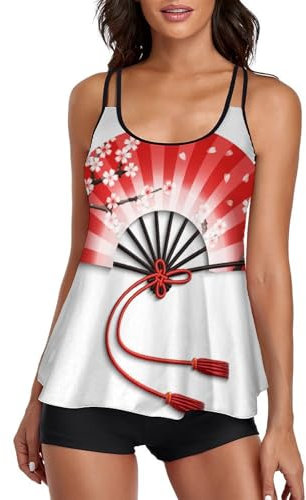 MZGFAQ Kirschblüten-Ventilator Damen Zweiteilig Badeanzug Tankini Bademoden Bauchweg Beachwear Mit Hotpants