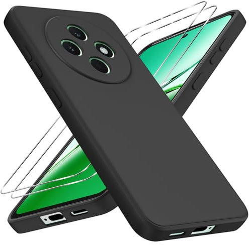 Coiwxmoi Cover per OPPO Reno 12 F (5G/4G) / OPPO Reno 12 FS (5G/4G) con 2 Pezzi Pellicola Vetro Temperato, Ultra Sottile Morbido Liquid Silicone TPU Custodia Antiurto AntiGraffio Protettiva Case,Nero