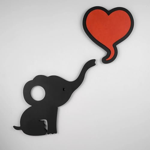 ebenkunst | Holzbild - Elefant mit rotem Herz - Wanddekoration aus schwarzem Holz, roter Farbakzent aus HDF, Größe 54x45.6x1.25cm, 3D-Wandkunst fürs Kinderzimmer