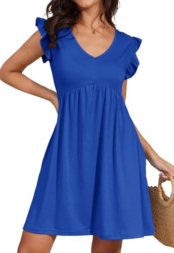 Sommerkleid Damen Strandkleid Tunika Kleid A-Linie Kleid Knielang Kleid V-Ausschnitt Kleid Rüschen Ärmel Kleid mit Taschen Babydoll Kleider Leicht und Luftig