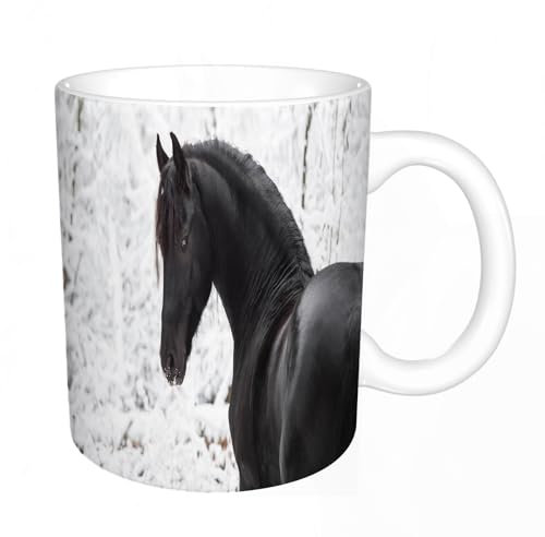 YFHJV Grosse Kaffeetasse - Bürotasse - Tasse Keramik Kaffeetassen Große 11oz - teetasse groß - cappuccino tassen - Pferdesport, schwarzes Friesen-Sportpferd-Portrait auf Schnee im Winter H