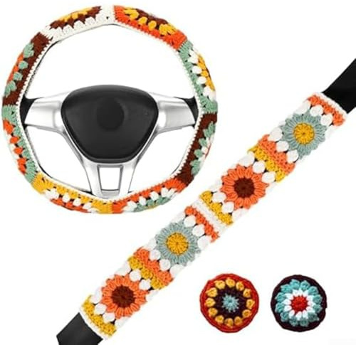 Getdoublerich Handgefertigter gehäkelter Lenkradbezug mit Blumen- und Herzmustern, rutschfester gestrickter Auto-Lenkradschutz, niedlicher Boho-Stil, Innendekoration für Frauen