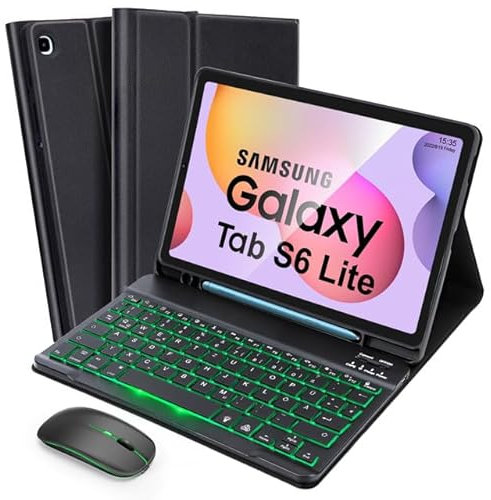 SOPPY Tastaturhülle mit Maus für Samsung Galaxy Tab S6 Lite, Hülle mit Tastatur & Maus Schutzhülle für Tab S6 Lite 10,4“ 2020/2022(SM-P610/P615/P613/P619)- Deutsches QWERTZ, Schwarz Beleuchtet