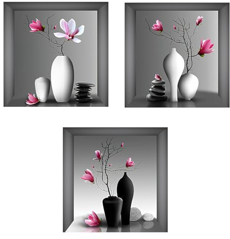 GDJIAJT 3 Stück Wandtattoo Wohnzimmer, 3D Blumen Vase Wandaufkleber, 30x30 cm Vase Wandsticker für Wohnzimmer, Schlafzimmer, Kinderzimmer