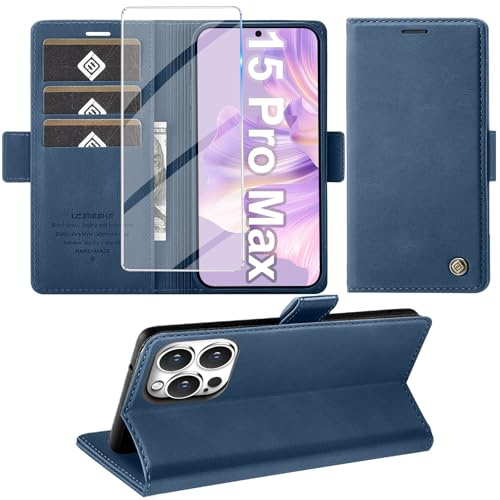 Giyer Cover per iPhone 15 Pro Max Custodia con Vetro Temperato, Premium PU Portafoglio Slot per Scheda RFID Antifurto Funzione Supporto Flip Case, Antiurto per iPhone 15 Pro Max 5G Cover (Blu)