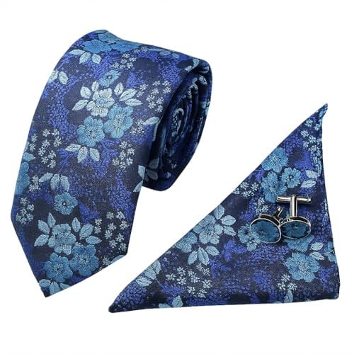Krawatte Für Herren Blau Mit Floralem Muster, Elegantes Krawattenset Aus Seide Inkl. Einstecktuch 146x8cm Für Geschäft, Hochzeit, Abendessen, Party – Klassische Krawatten Für Herren Stilvoll