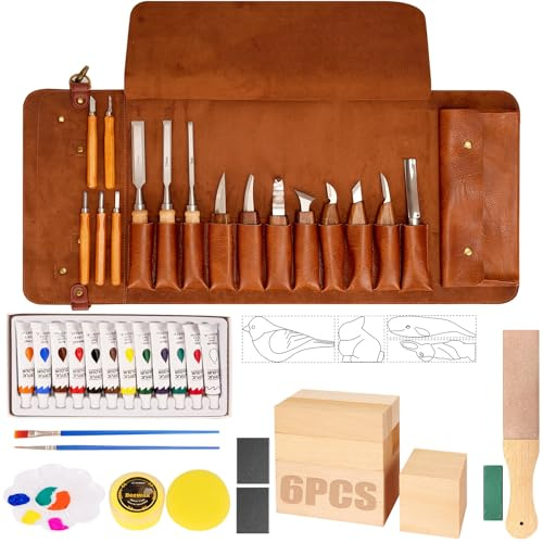 Holzschnitzwerkzeuge, 50-teiliges Holzschnitzerei-Set mit PU-Aufbewahrungstasche,Schnitzset mit Farben, Bienenwachs & Gravurvorlagen für Anfänger und Profis