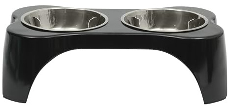 Gibson Home Bow Wow Meow 3-Piece Elevated Dog Bowl Set – Bone-Shaped Raised Feeder with 2 Stainless Steel Bowls for Medium to Large Dogs, Non-Slip, Easy to Clean, Black