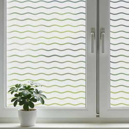 shinfly Fensterfolie Wellenstreifen 90 x 200 cm, Fensterfolie Blickdicht, Sichtschutzfolie Fenster Milchglasfolie, selbsthaftend statisch haftend, Anti-UV, für Bad, Büro & Wohnzimmer