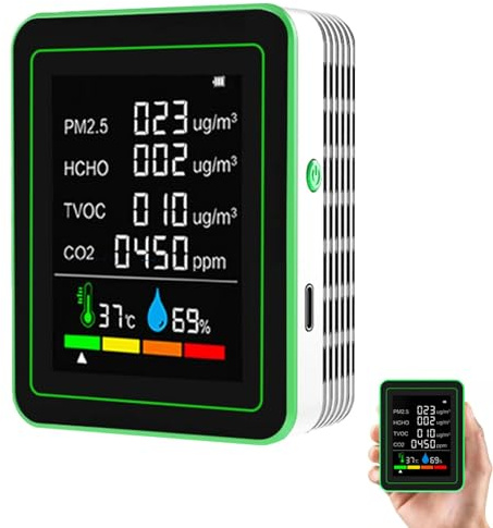 6-In-1 Air Quality Monitor Indoor, Air Pollution Monitor, CO2 Monitor Detector, Air Quality Sensor For Pm2.5, CO2, HCHO, TVOC, Temperature, Humidity, Real Time Data Recording (White)