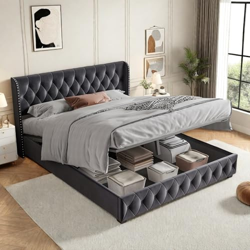 Dormely Lit Double 160x200 avec Sommier à Lattes et Hydraulique Rangements, Lit Coffre avec Tete de lit, pour Adultes et Adolescents, Rivet Velours, Gris, sans Matelas