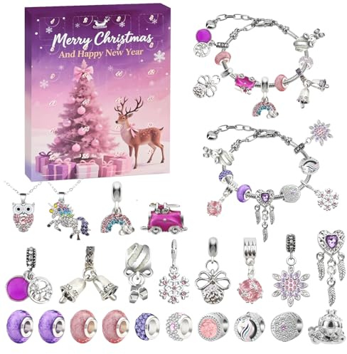 lompyeu Adventskalender 2025 Kinder Machen - Weihnachtskalender Schmuck Basteln Mädchen, 20 Perlen, 2 Armbänder, 2 Halskette, Weihnachten Geschenke Mädchen 6 7 8 9 10 11 12 Jahre (Rosa und Lila）