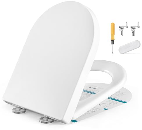SONGMICS Sedile WC a Forma di D Lungo, Copriwater a Chiusura Rallentata, Maniglia, Sgancio Rapido, Asse WC Universale Facile da Montare, Sedile Water in Plastica PP, Regge 300 kg, Bianco BTL003WZ01