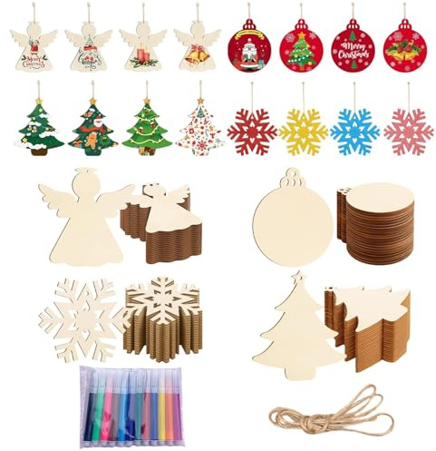 ZocRjvN 92 Stück Weihnachtsanhänger, Holz Weihnachtsdekoration Set | zum Basteln & DIY Weihnachten, Christbaumschmuck H0lz mit Malstiften, Geschenkanhänger Weihnachten Holz