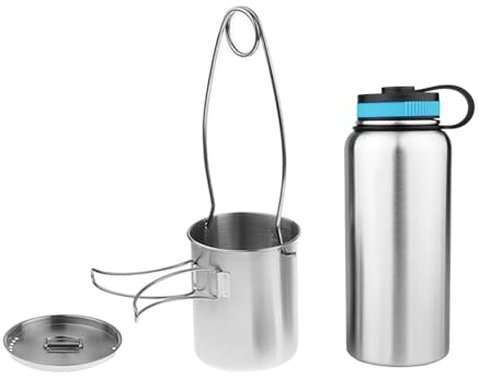 Zambuph Edelstahlflasche für Camping und Outdoor Aktivitäten, Edelstahl Wasserflasche mit Becher und Deckel, Fischmaulverteiler, leichter Kessel, Becher, Topf, klappbarer Griff