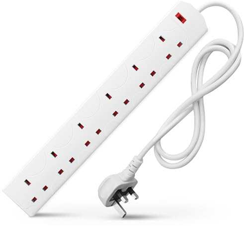 DESIRETECH White Electric Extension Lead - 6 Gang, 1 Metre Cable with UK Plug & 3 Pin Socket - Wall Mountable & Multi Socket Mains Strip for Home, Bedroom, Kitchen, & Office (1 Pack)