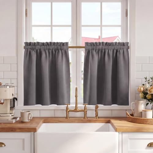 KGORGE Schrankvorhang Modern Scheibengardinen Blickdicht Bistrogardine Kurz | Grau, H80 x B90 cm, 2er Set, Verdunklungsvorhänge Kurz, Scheiben Gardinen mit Stangendurchzug, für Schrank/Wohnwagen/Küche