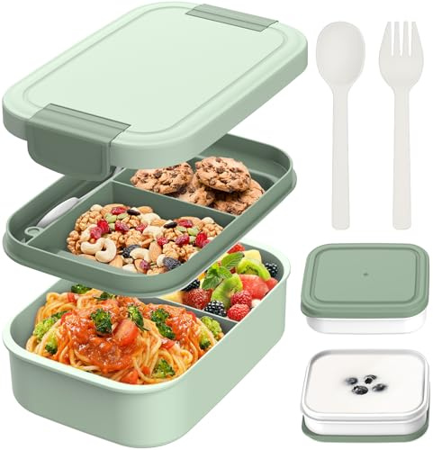 BIBURY Lunch Box, 1900ml Leakproof Stackable Bento Box for Kids Adults, Food Container with 2 Compartments, Cutlery and Sauce Pot Set, BPA Free, Microwave and Dishwasher Safe Snack Box (Sage Green)