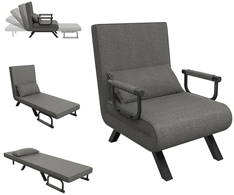 Aufun Schlafsessel 3 in 1 Klappsofa mit Bettfunktion, Relaxsessel mit 5-fach Verstellbarer Rückenlehne, Gästebett Klappstuhl Metallrahmen Leinen Stoff Bis 200kg für Wohnzimmer Schlafzimmer, Dunkelgrau