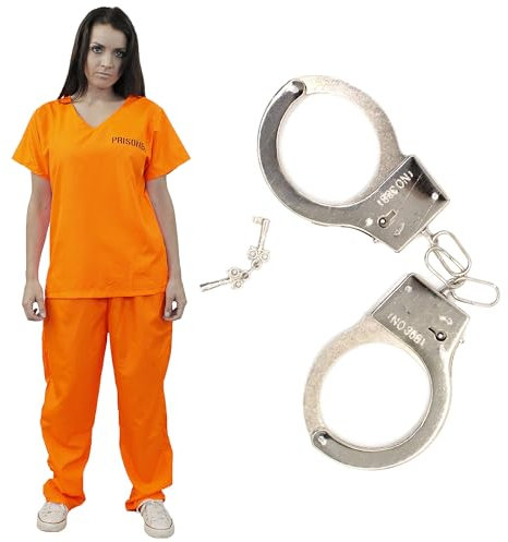 Women’s Orange Prisoner Costume with Handcuffs - Medium Jail Inmate Outfit with Top, Trousers & Prop Cuffs – Halloween, Cops and Robbers, Fancy Dress Party Costum