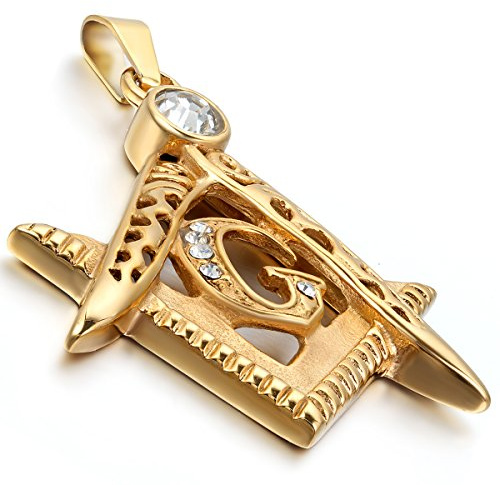 Flongo Edelstahl Anhänger Halskette Strass Gold Golden Freimaurer Klassiker Charm Herren Damen,mit 55cm Kette