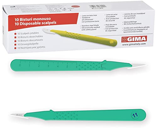 GIMA Bisturi in Acciaio Inox, Manico in ABS, Sterili e Monouso, Premium, Coprilama di Sicurezza, Misura n. 11, 10 Bisturi Singolarmente Confezionati