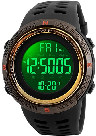 TONSHEN Digitales Relojes de Hombre Deportivos Militares Táctica 50M Resistente Agua Outdoor LED Display Multifuncional Electrónica Plástico Bisel Y Correa Goma Relojes de Pulsera (Marrón)