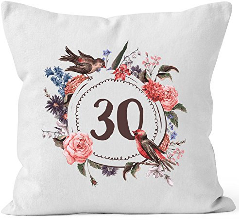 MoonWorks Kissen-Bezug Geburtstag 30 Geschenk-Kissen Blumen Blüten Blumenkranz Bordüre Kissen Weiss Unisize