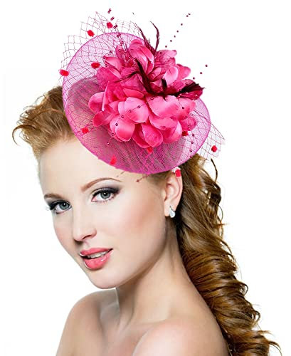 Chapeau Bibis Mariage Femme Coiffure Fascinator Épingle à Cheveux Nuptiale élégantes en Maille Bandeau pour Cocktail Derby Cérémonie Églises Photographe Fête Soirée Déguisement,Rose,Taille unique