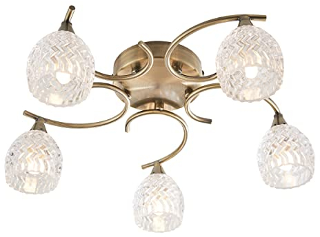 Reagan Decorative Antique Brass Curved Arm Semi Flush Ceiling Light with 5 Patterned Cut Glass Shades