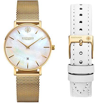 Kistanio Petit Damenuhr mit Saphirglas und Milanaiseband + Extra Lederband GO-PM-M-L-WH