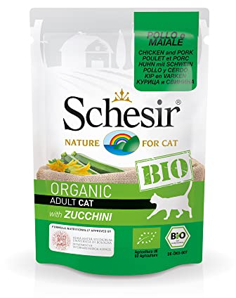 Schesir Cat Bio Adult Huhn und Schwein mit Zucchini, Katzenfutter nass, 16 Beutel x 85 g
